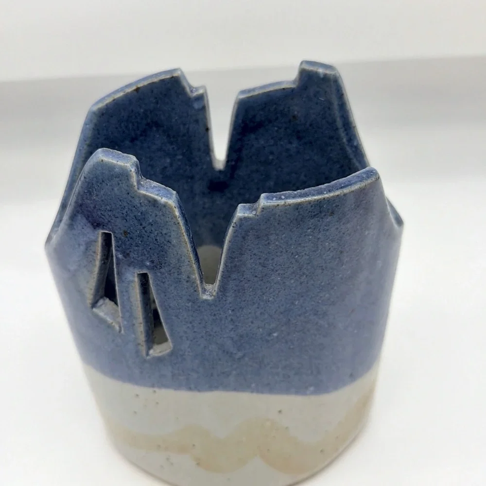 Blue And White Ceramic Pottery Vase Geometric Pierced Design Stamped Mark